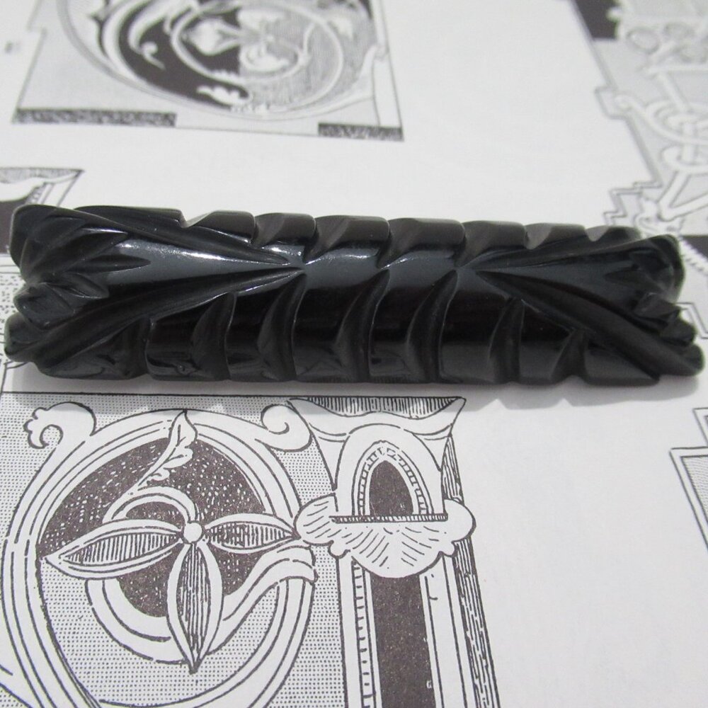 Large 2 3/4" Vintage Bakelite Brooch Lapel Bar Pin Black Art Deco Deep Carved